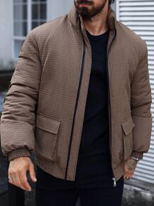 Manfinity Homme Men Solid Color Zip-Up Pocket Winter Padded Coat,Black Warm Plush Winter Coat - Brown - View 8