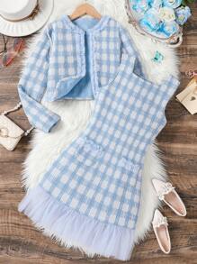 Set de 2 piezas de chaqueta a cuadros y vestido con parches de malla para niña preadolescente, otoño/invierno - Multicolor - Ver 1