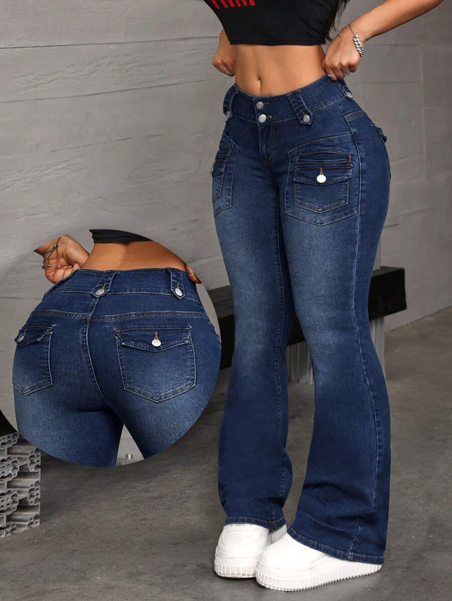 SHEIN ICON Flap Pocket Flare Leg Jeans - Black - View 1