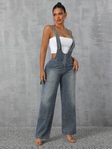 SHEIN SXY Peto vaquero desgastado informal con cremallera - Azul - Ver 5