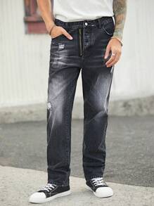 Manfinity Homme Men Casual Vintage Style Black Denim Loose Straight Jeans - Black - View 6