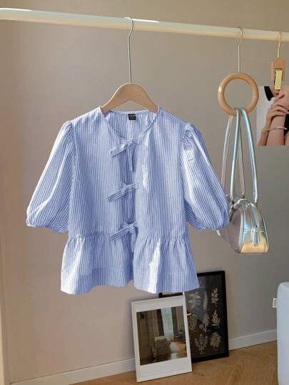 Comfortcana Camiseta con mangas cortas abullonadas, de rayas y vendaje para mujer, estilo babydoll de verano