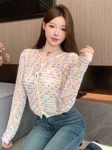 DAZY Áo khoác cardigan dài tay cài nút in họa tiết toàn thân dành cho nữ, trang phục mùa thu - Màu be - Xem 4