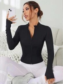 SHEIN Sports 纯色前拉链长袖简约运动夹克，日常休闲穿着 - 黑色 - 查看 1