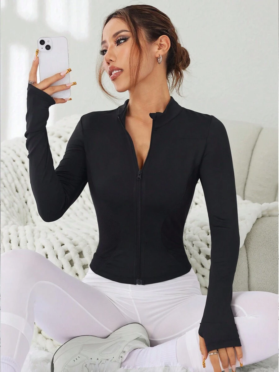 SHEIN Sports 纯色前拉链长袖简约运动夹克,日常休闲穿着 - 黑色 - 查看 1