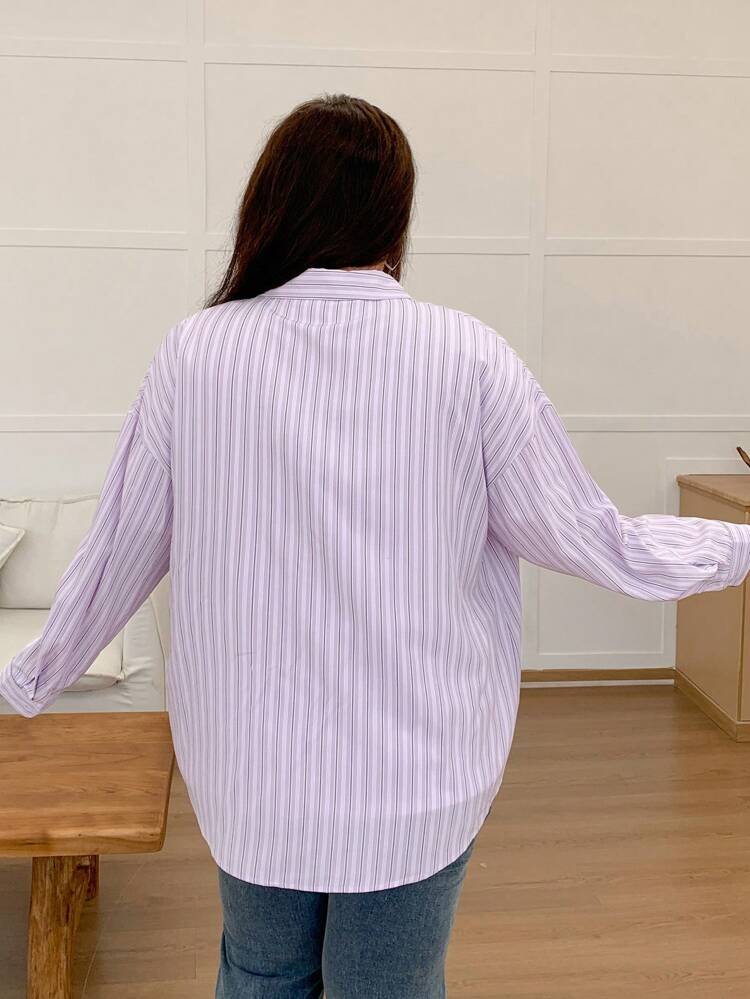Dazy Plus Plus Size Letter Embroidered Regular Striped Collared Long Sleeve Shirt,Fall Clothes