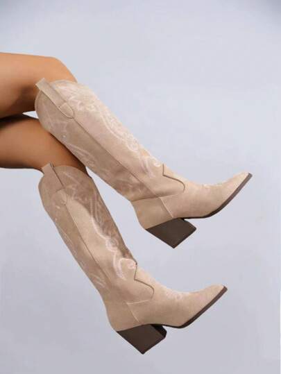 Fairycore Women 2024 Fall/Winter New Pointy Toe Chunky Heel V-Cut Embroidered Western Knee-High Boots, Fashion Fall