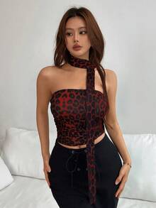 Chiquease Áo ống xếp li họa tiết da báo có khăn quàng cổ thời trang mùa hè cho nữ - Màu Đỏ Sâu - Xem 3