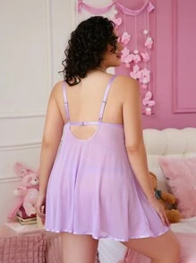 PetitDoll Plus Size See-Through Mesh Spaghetti Strap Sexy Lingerie - Mauve Purple - View 2