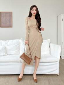 DAZY Women's Solid Color Wrap Around Waist Tie Long Sleeve Dress, Elegant Design For Spring And Fall - Khaki - View 7