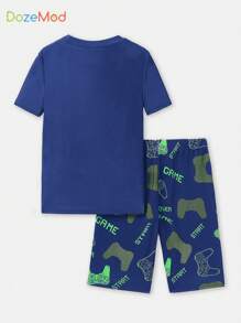 SHEIN Conjunto de camiseta de manga corta ajustada y pantalones cortos con impresión de juegos de dibujos animados que brillan en la oscuridad para niño preadolescente - Azul Marino - Ver 3