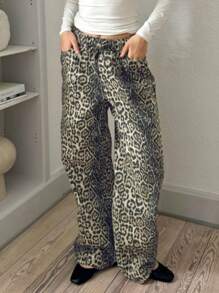 INAWLY Women Leopard Print Tie Front Straight Leg Casual Pants