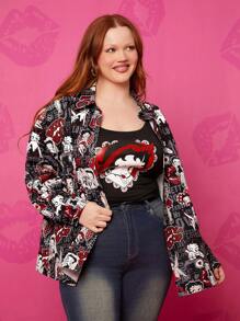 Betty Boop x SHEIN Camicia maniche lunghe oversize vintage stile Y2K, sexy streetwear, stampa a cuore nero e a pois di giornale, per l'autunno