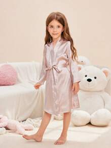Girl Pajamas - Beige Solid Color Long Sleeve Robe Loungewear, Mommy And Me Matching Outfits (3 Pieces Sold Separately)