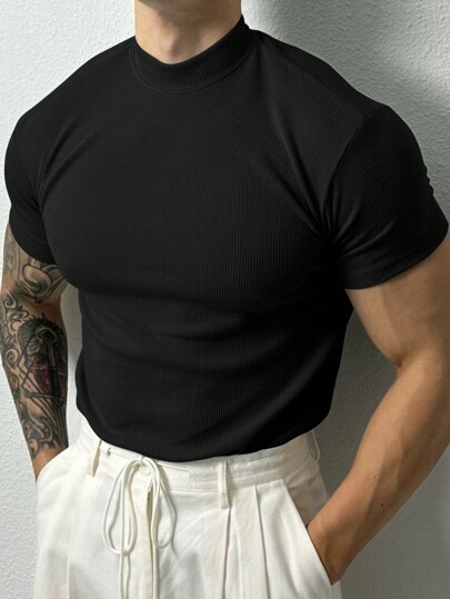 Manfinity Sport Corelite Camiseta masculina estilo boyfriend, cor sólida, minimalista, para uso diário, manga curta, esportiva, preta, casual, para treino, corrida, camisetas e regatas, camisa justa, gola redonda