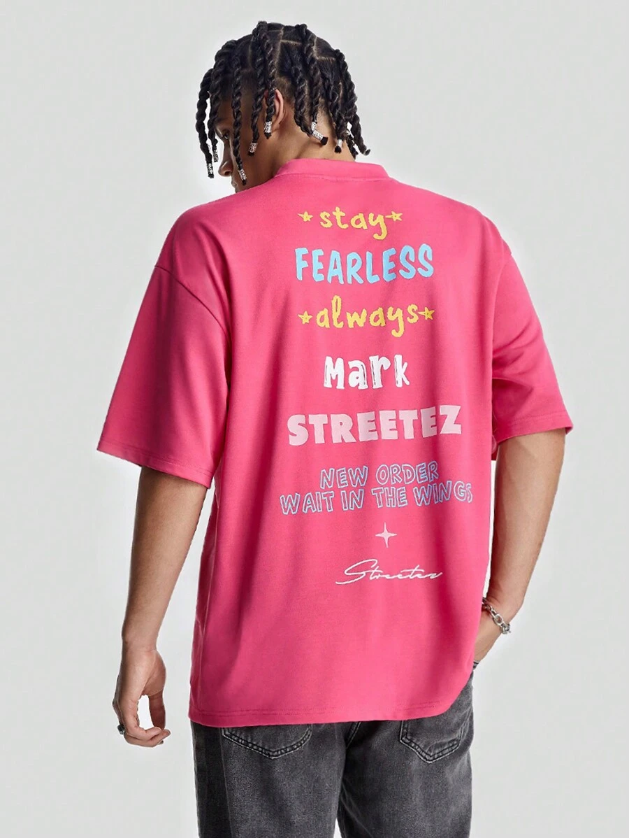 Manfinity VCAY Men's Loose Fit English Graphic Print Round Neck Short Sleeve T-Shirt, Summer - Hot Pink - View 1