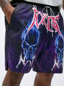 Manfinity VCAY Men Plus Size Casual Woven Skull Pattern Print Mid-Rise Drawstring Straight Shorts Suitable For Summer - Multicolor - View 2