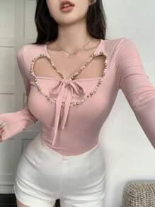 DAZY Women's Valentine's Day Heart Hollow Drawstring Tie Pearl Decor Long Sleeve T-Shirt,Fall Clothes