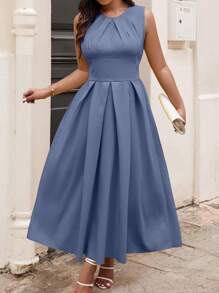 Celure Plus Size Crew Neck Solid Color Pleated Sleeveless Summer Dress - Dusty Blue - View 3