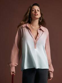 SHEINNeu Women Contrast Color Simple Button-Up Long Sleeve Shirt Pink And Blue,Autumn,Elegent,Office Fall Tops Women's Clothing Back To School Tween Girls - Multicolor - View 4