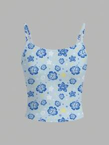 SHEIN EZwear Women Casual Ditsy Floral Sexy Suspenders Tights Cami Top Summer