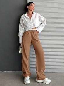 EURMUSE Women Contrast Color Waist Tie Straight Loose Casual Versatile Trousers - Coffee Brown - View 3