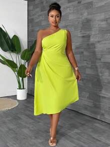 Maweii Plus Size Solid Color Asymmetric Neck Circular Decoration Sleeveless Dress