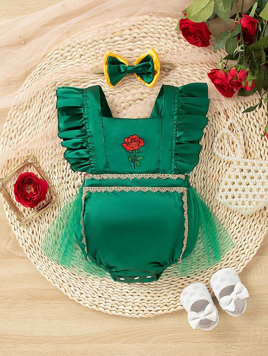 SHEIN Baby Girl Rose Embroidery Wood Ear Strap Mesh Stitching Bodysuit Spring And Summer Gorgeous  Elegant Fashion Comfortable Cute
