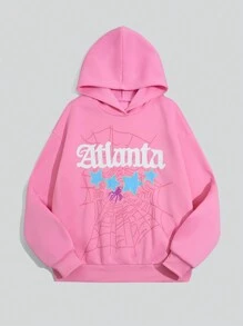 Flirla Loose Fit Spider Web & Star Graphic Print Open Shoulder Hoodie Sweatshirt, Casual