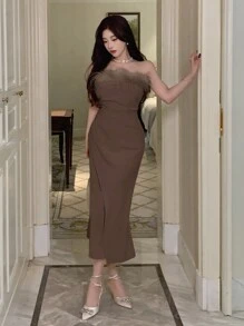 DAZY 纯色蓬松饰边优雅无袖紧身鱼尾裙，生日、新年舞会礼服派对女士返校节礼服 - 棕色 - 查看 3