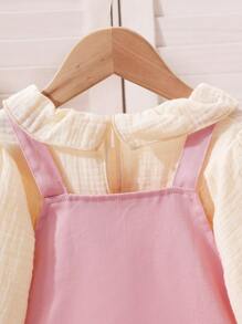 女婴休闲网眼撞色吊带连衣裙配长袖衬衫套装，春秋装 - 粉色 - 查看 6
