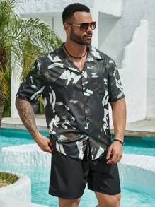 Genlund Plus Size Men's Simple Printed Short Sleeve Shirt - Multicolor - View 4
