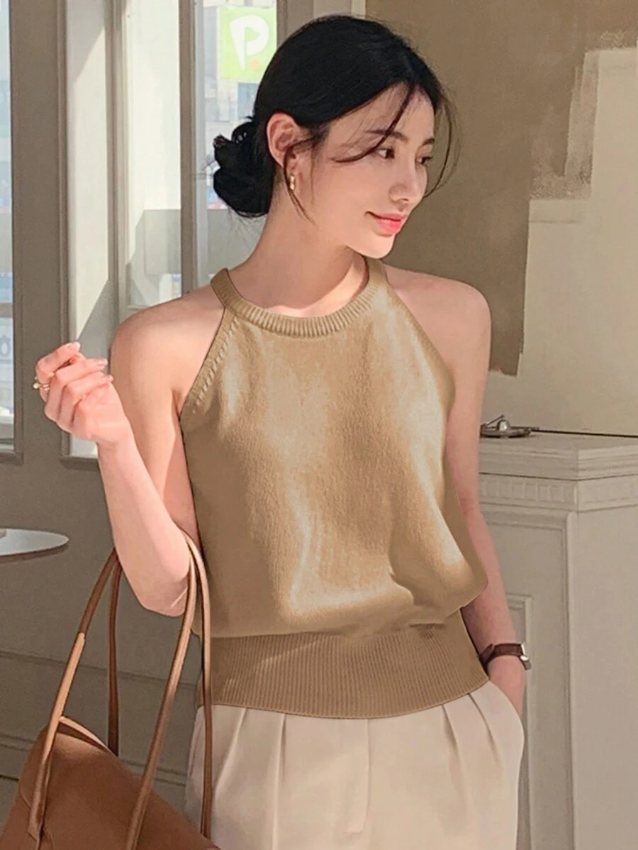 Wynsel 女士夏季纯色休闲吊带背心 - 卡其色 - 查看 1