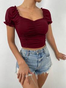 Calvaya Ruched Front Sweetheart Neck Puff Sleeve Crop Tee