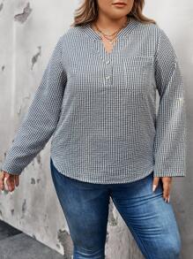 SHEIN LUNE Plus Size Women's Black & White Plaid V-Neck Long Sleeve Blouse Professional Tops Women Tops Plaid Women Shirts Fall Clothes Clothes Business Casual Woman Work Blouse Business Blouse