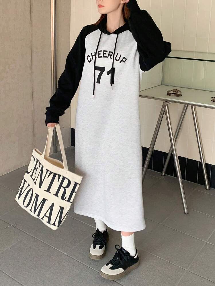 Women's Solid Color Patchwork Letter Print Long Sleeve Drawstring Hooded Dress,Fall Clothes Maxi Dress