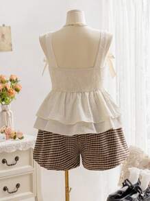 Soleia 大码女式度假象牙色纹理宽肩带蝴蝶结装饰荷叶边分层下摆吊带背心 - 杏色 - 查看 2