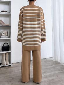EURMUSE Woman Striped Crew Neck Casual Comfy Warm Sweater Pants Co-Ords - Camel - View 2