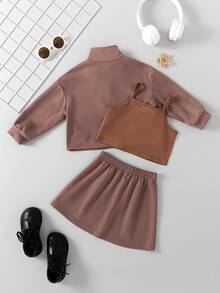 Chaquetilla y falda de gráficos de letras para niña joven y Cami-Top sólido - Marrón - Ver 2