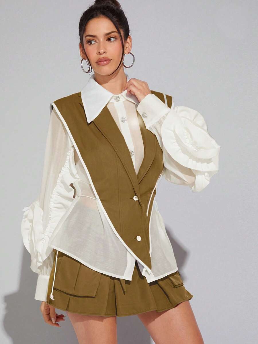 Hauture Layered Lapel Ruffle Sleeve Blouse - Camel - View 1