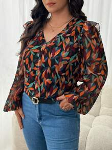 SHEIN Frenchy Blusa de manga larga con estampado floral sencillo para mujer talla grande, camisa de mujer de otoño, ropa de mujer de otoño, blusa elegante, camisa de otoño, camisa de manga larga, estampado de hojas, atuendo para citas para mujeres, atuendo para fiestas para mujeres - Multicolor - Ver 4