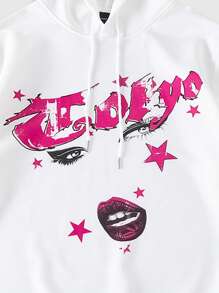 ROMWE MEN Street Life Men's Drawstring Front Letter & Figure Print Hooded Sweatshirt, Casual Daily Wear - White - View 3