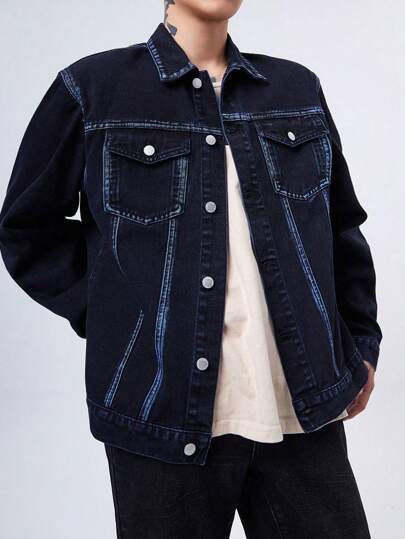 Manfinity Denimwave Y2K Vintage Streetwear Men's Washed Black & Blue Stitching Denim Jacket