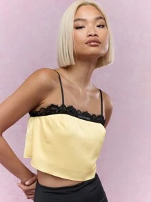 MISSGUIDED 对比色蕾丝缎面短款吊带背心 - 黃色 - 查看 3
