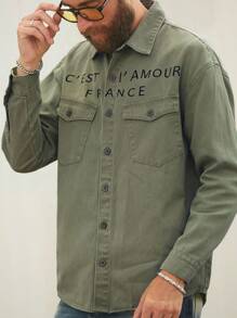 Manfinity Homme Men's Army Green Letter Print Loose Fit Shirt - Army Green - View 4