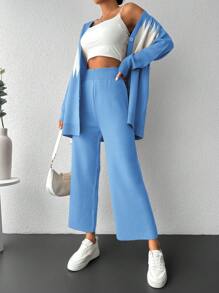 SHEIN Cottnline Women's Contrast Cardigan And Sweater Trousers Two-piece Set - Blue - View 3