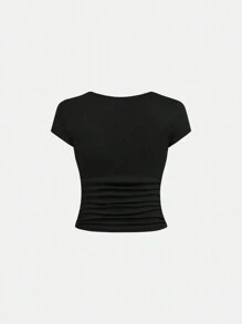 SHEIN Girlism 3 件套青少年女孩 V 领褶皱短袖纯色 T 恤