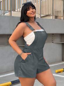SHEIN Unity Plus Size Women Summer Solid Color Pocket Casual Overalls Shorts - Grey - View 7