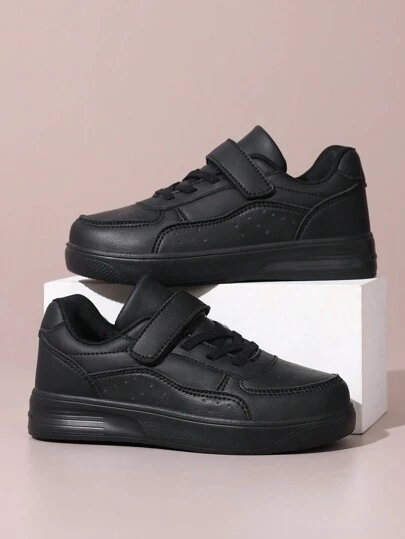 Kids/Boys Casual Low-Top Solid Color Leather Soft Outsole Adjustable Hook And Loop Fastening Sneakers For School & Daily Wear