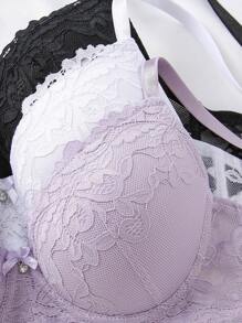 Shein Underwear&Sleepwear Basics Set de 5 piezas de Sujetador acolchado de encaje romántico para uso diario, mejorar busto pequeño Lencería